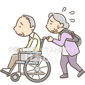 車椅子を押す高齢者（老老介護）のイラスト