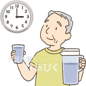 時間を決めてこまめに水分補給する高齢男性のイラスト