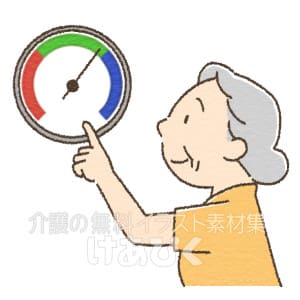 温度計と湿度計の確認をする高齢者のイラスト
