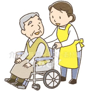 車椅子を押す介護士のイラスト